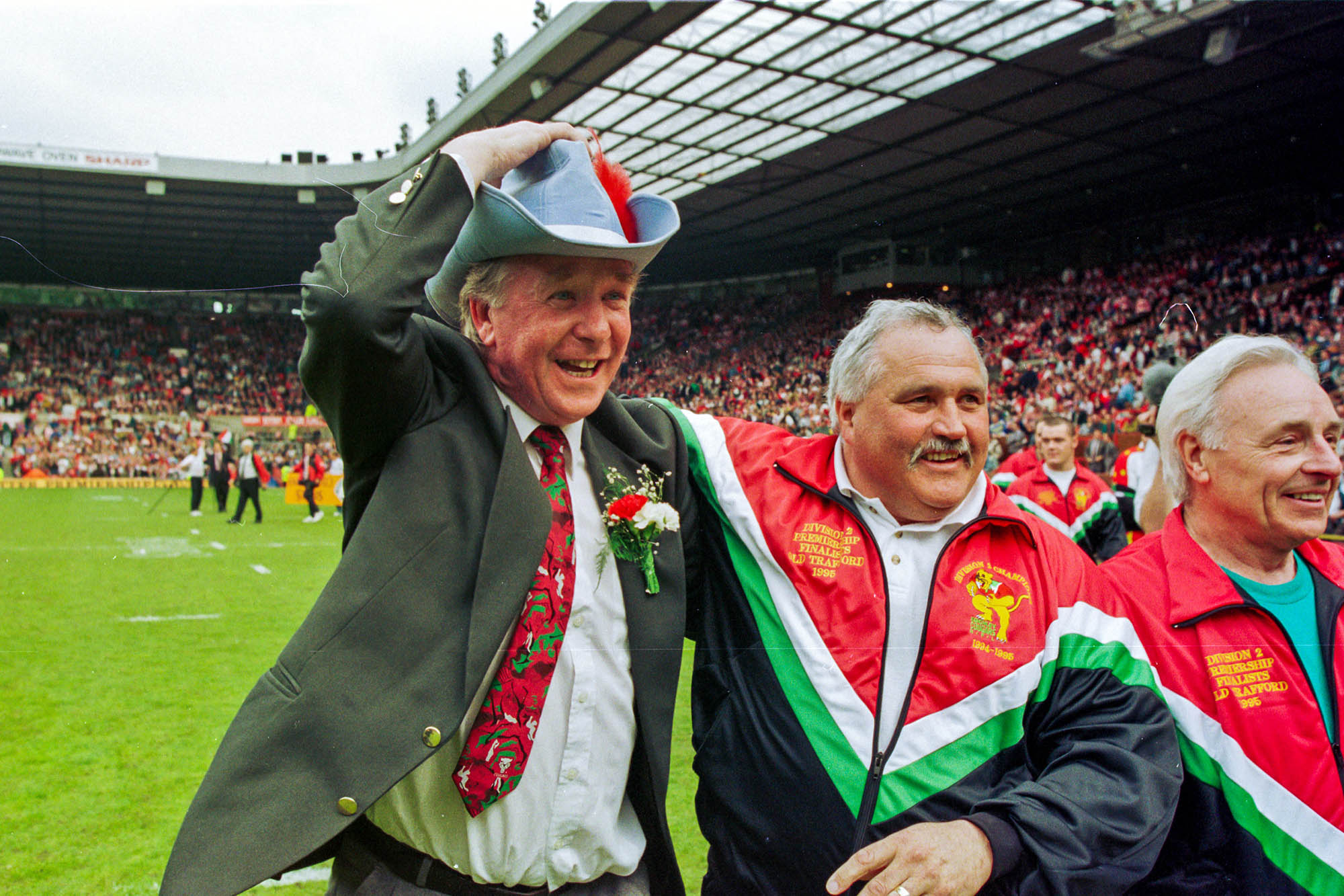 Keighley Cougars chairman Mick O'Neill celebrates the team's win at Old Trafford