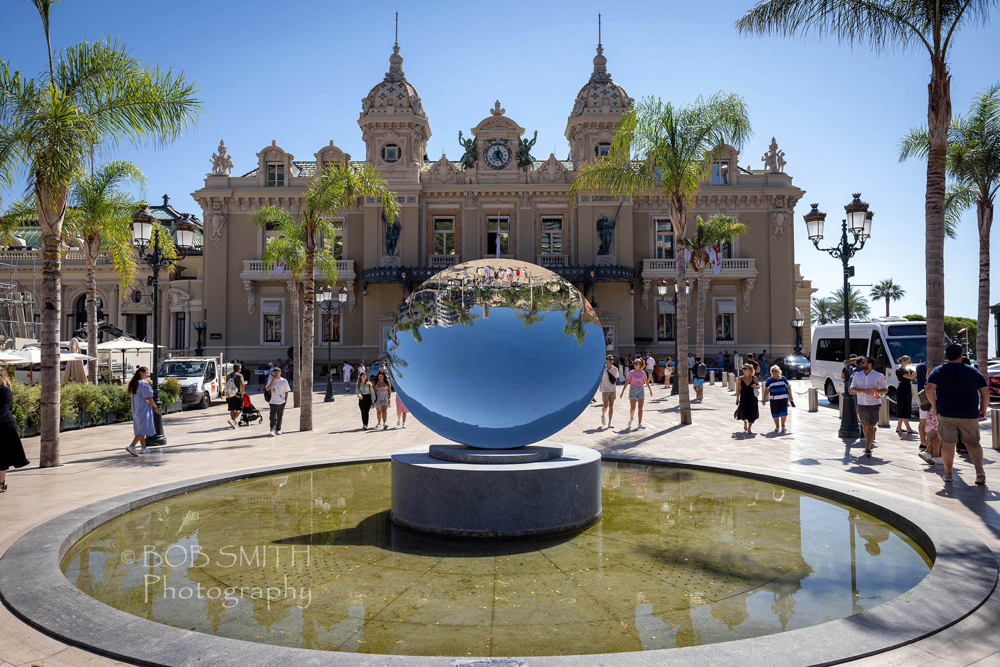 The Sky Mirror sculpture by Anish Kapoor stands in front of the Casino in Monte Carlo, Monaco, where only foreigners are allowed to bet