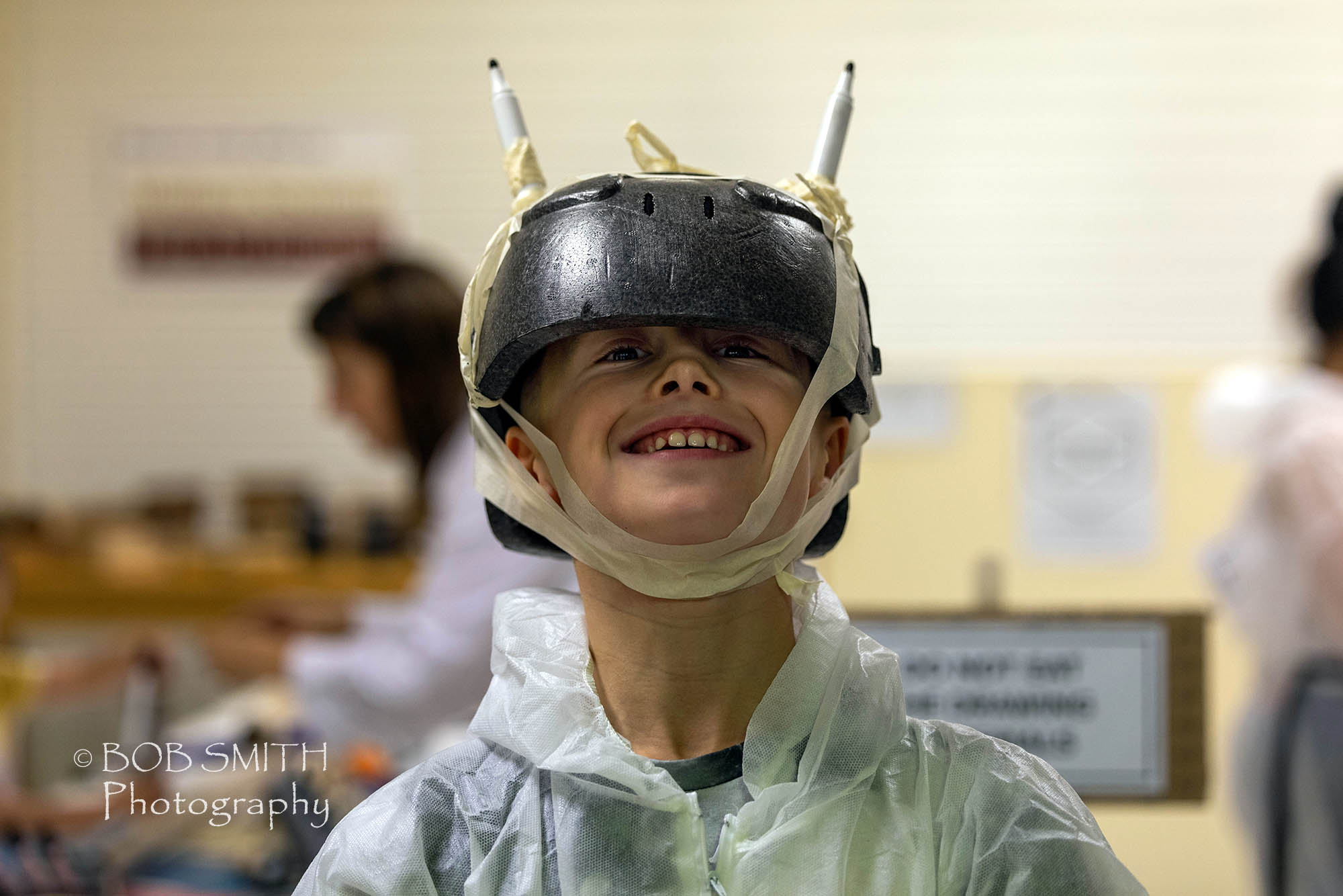 Keighley Creative Presents: the Mega Drawing Box. Walter Dowsland, 10, shows off his drawing tool helmet created during the event. 
