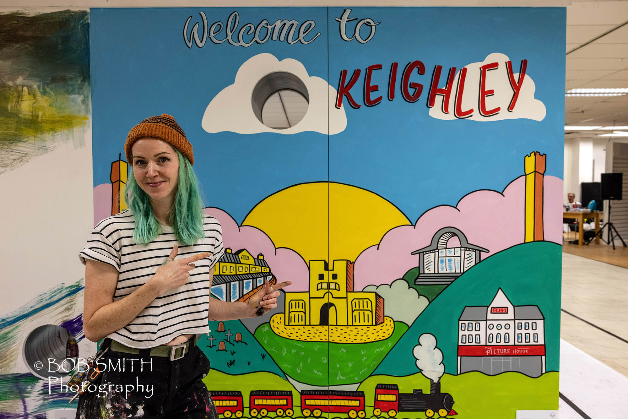 Keighley Creative Presents: the Mega Drawing Box. Artist Jenna Greenwood with her work produced during the event