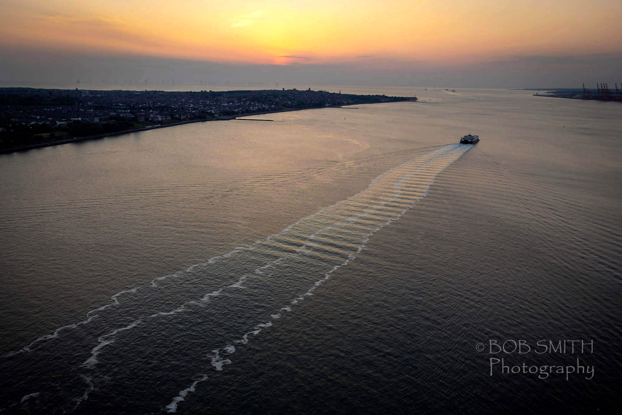The Isle of Man Steam Packet’s catamaran Manannan departs down the Mersey on the first leg of its journey from Liverpool to Douglas in my drone shot, as the sun sets in the Irish Sea