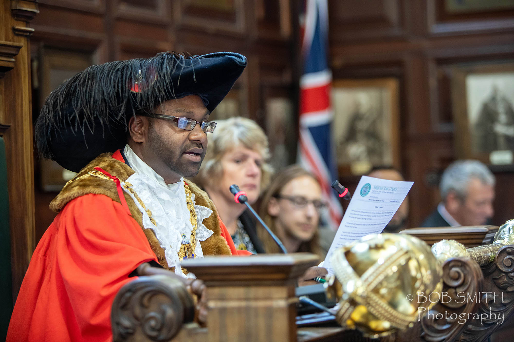 Keighley's town mayor Fulzar Ahmed takes his seat at the mayor-making event.