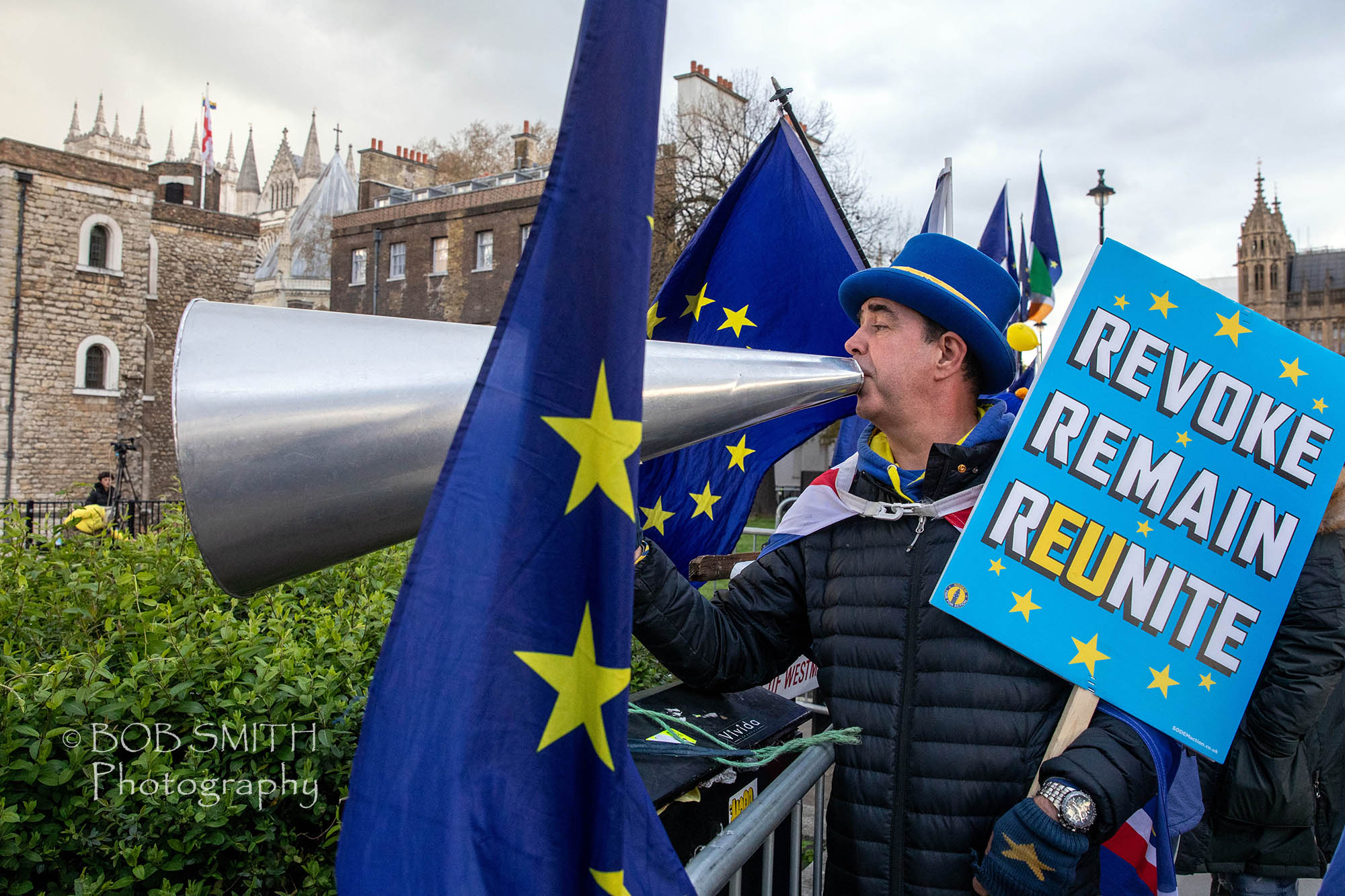 Anti-Brexit campaigner Steve Bray makes his voice heard at the College Green media camp next to Parliament in London.