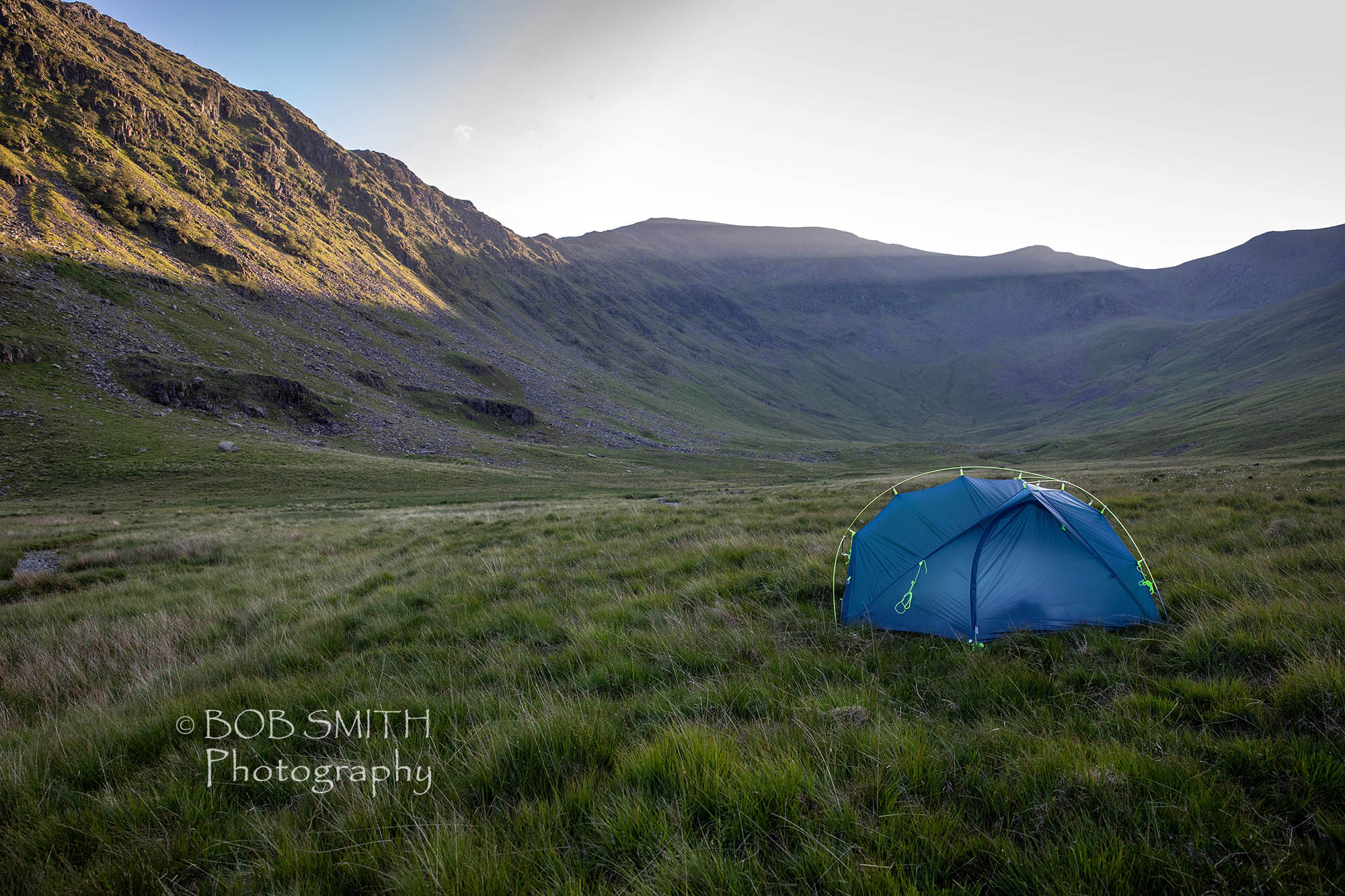 Sunset at a wild camp in Riggindale in the Lake District.