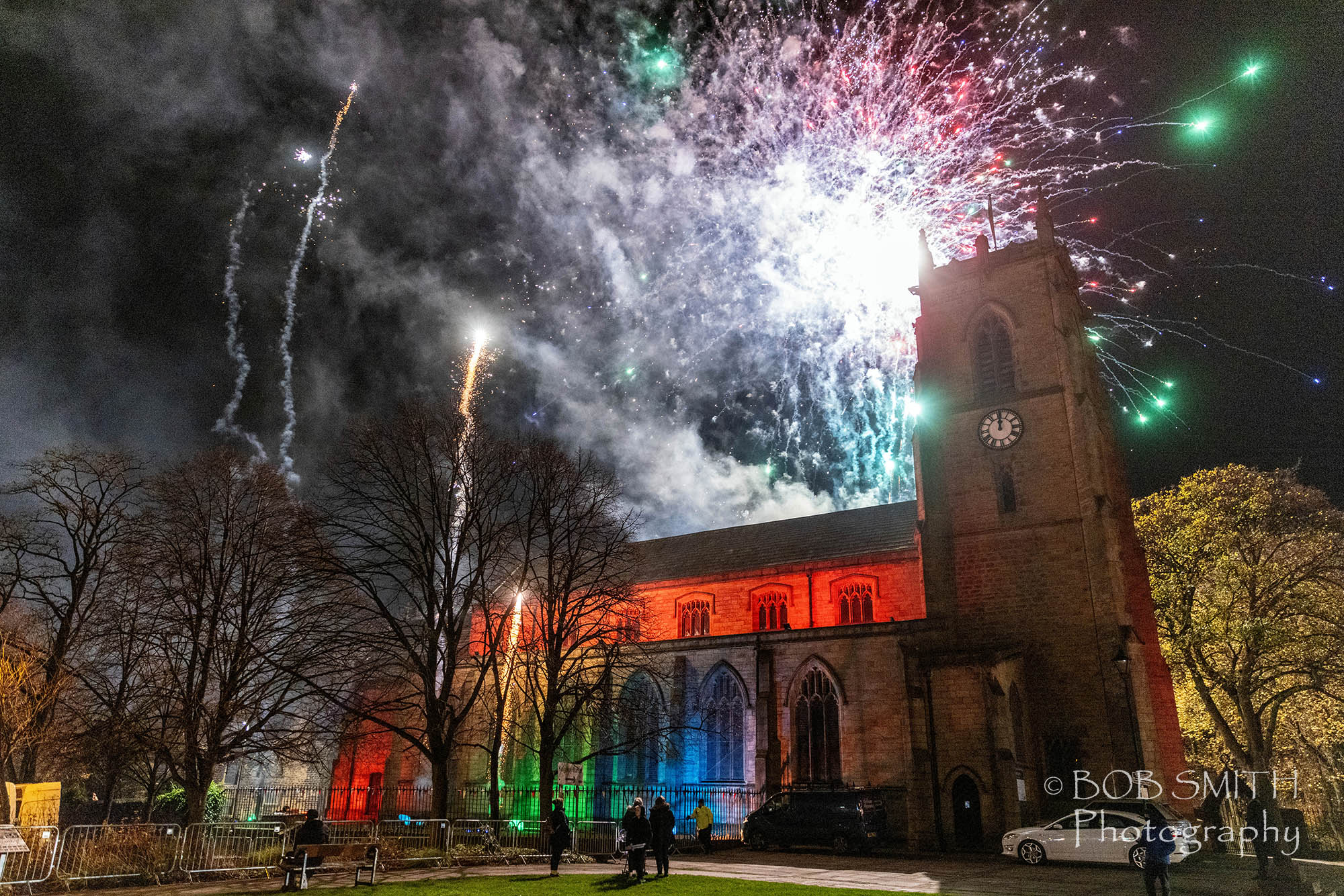 Keighley Shared Church is illuminated by fireworks during the Christmas lights switch-on ceremony