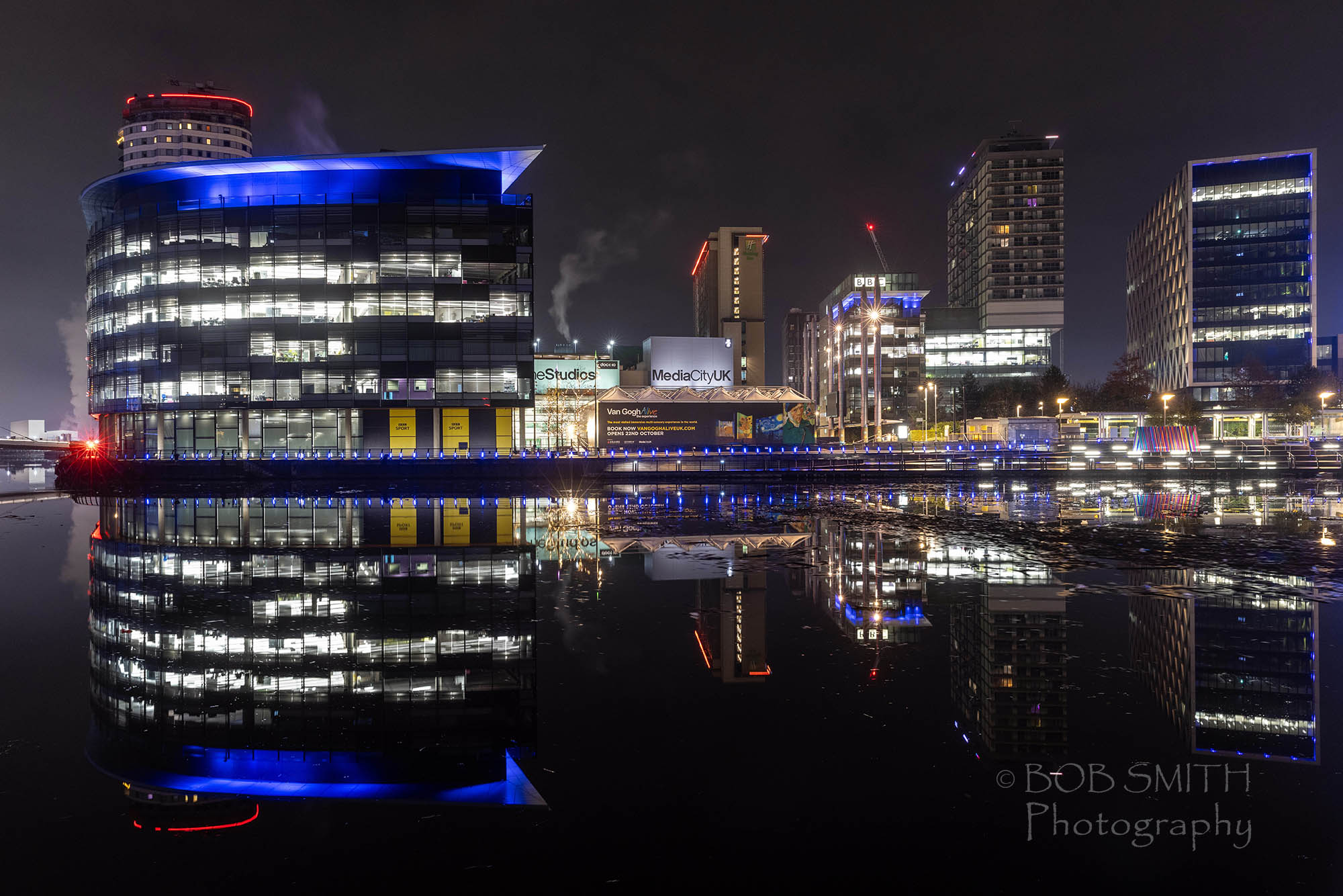 Media City, Salford Quays, by night.