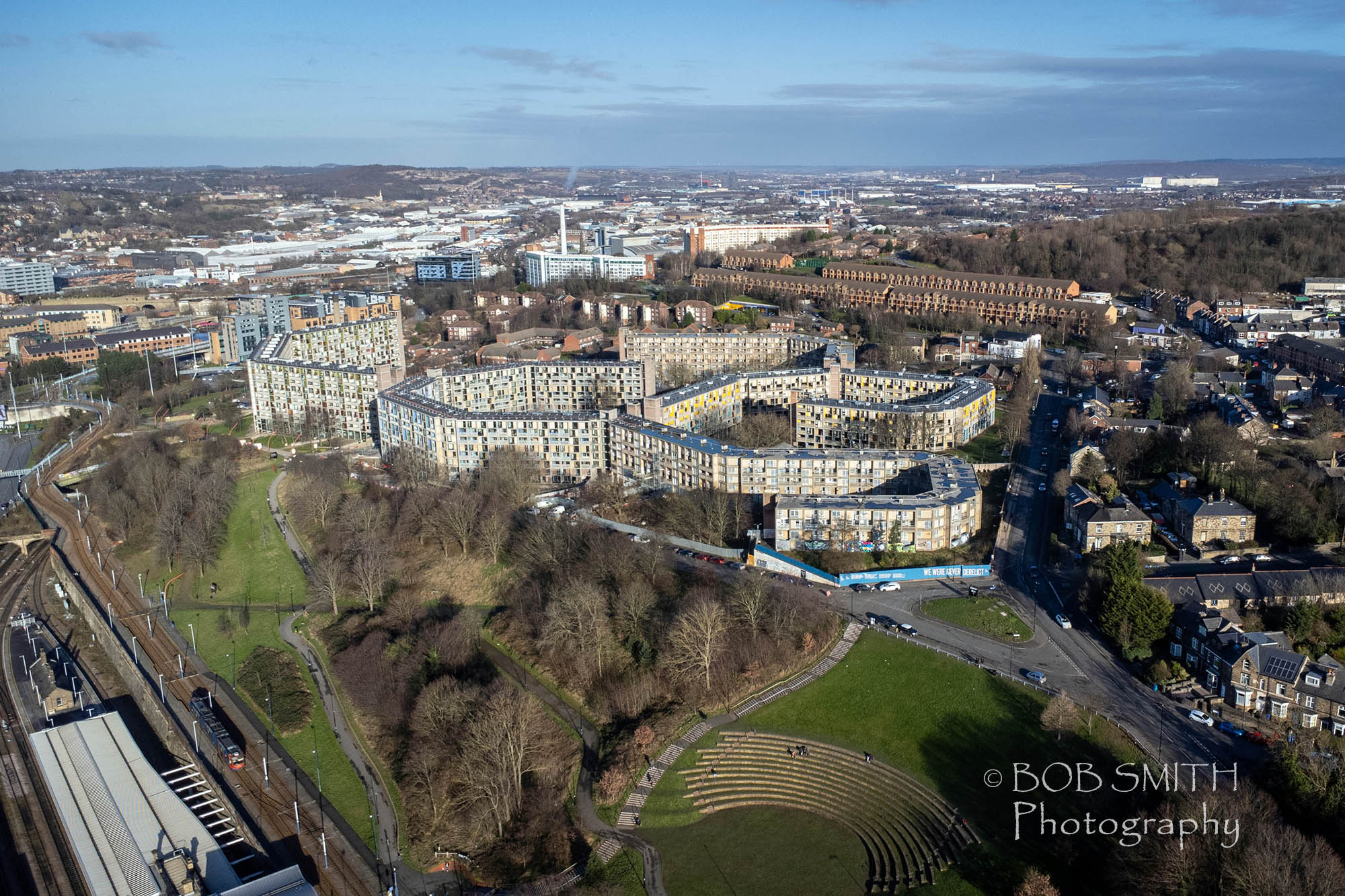 A drone view of Sheffield, with Park Hill flats prominent in the centre of the picture. 