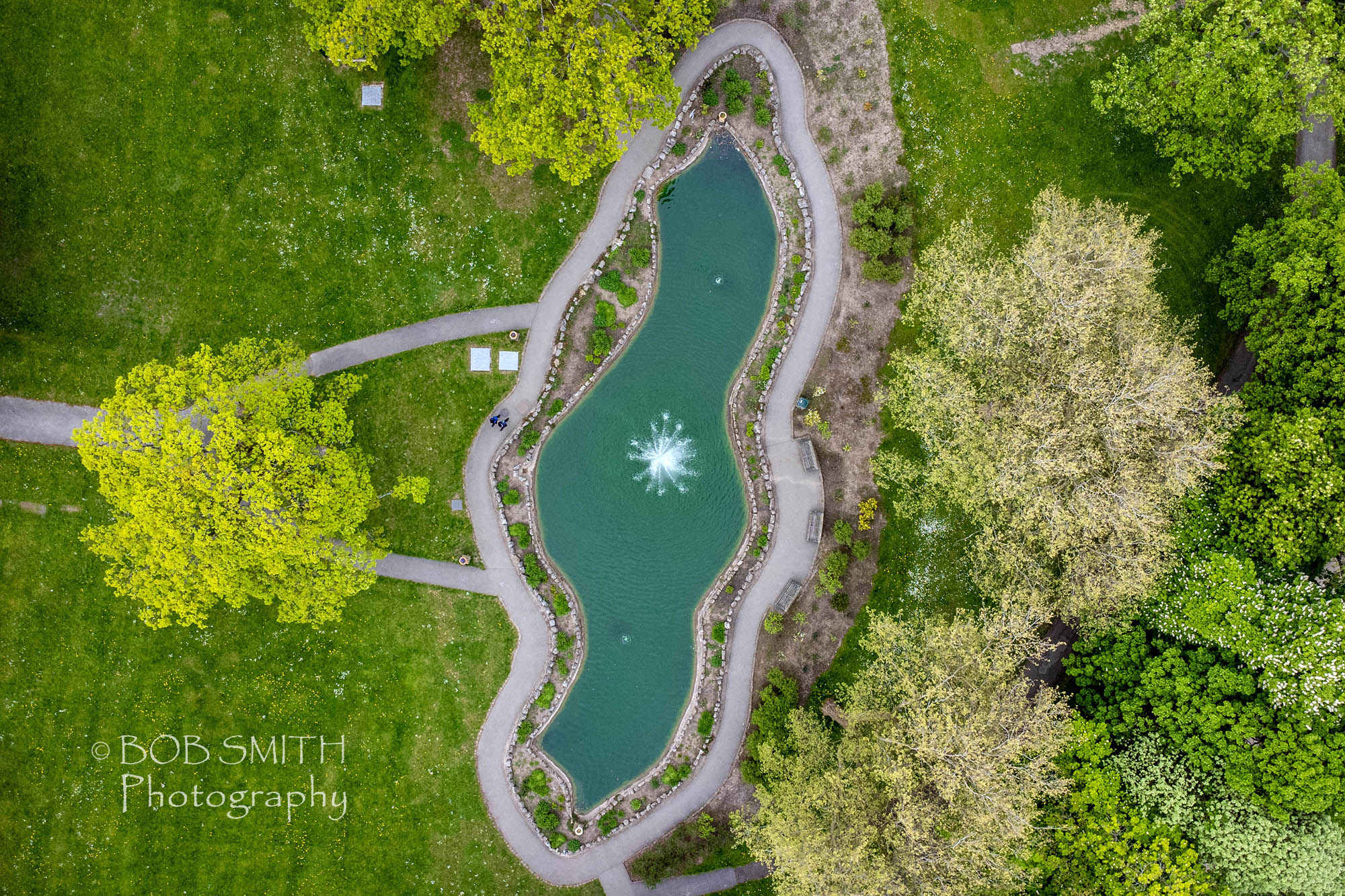 A drone shot of the ornamental pond in Cliffe Castle park, Keighley