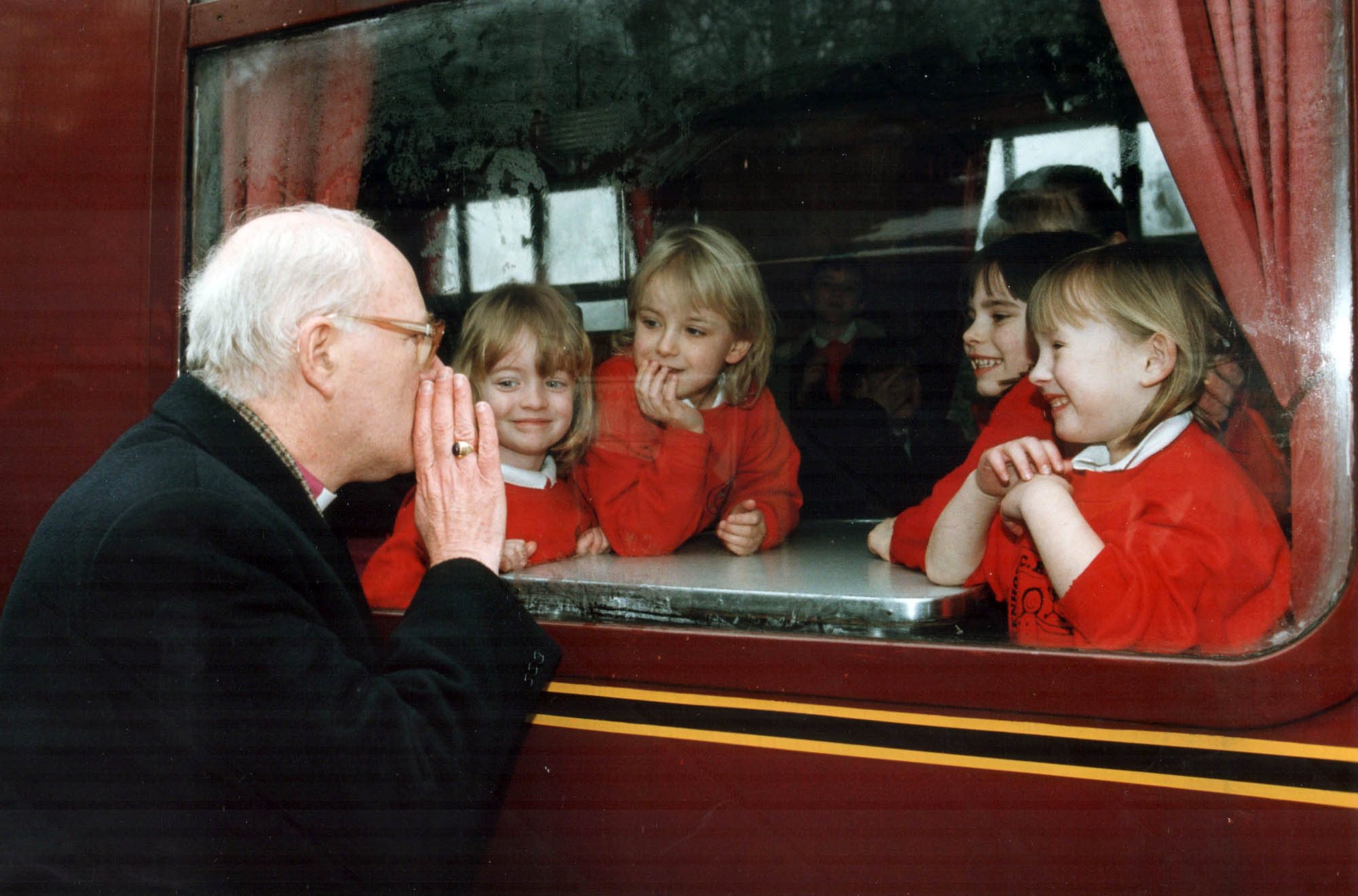 George Carey, Archbishop of Canterbury, amuses children on the Keighley & Worth Valley Railway