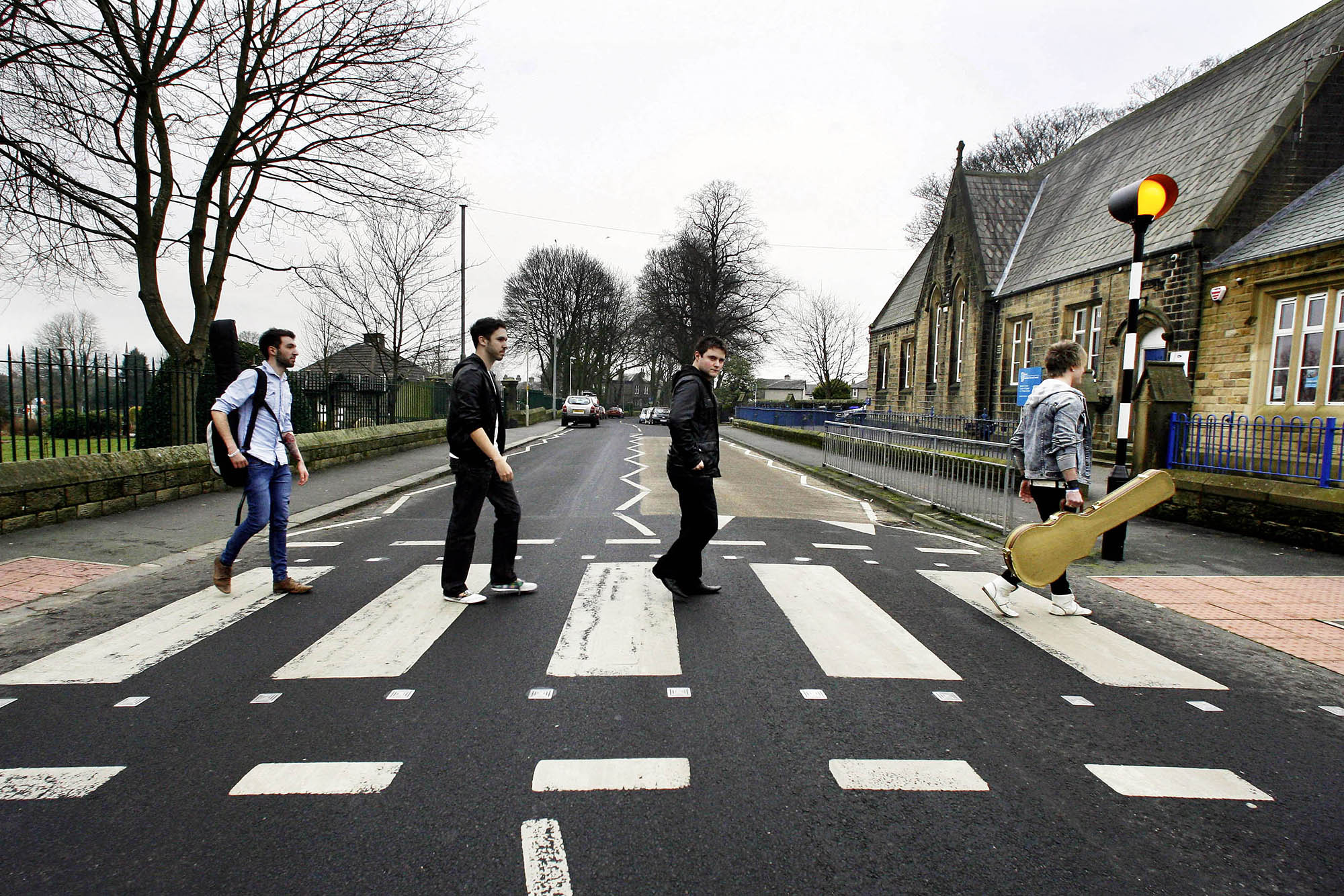 Seb Santabarbara, left, and his My Forever bandmates, from left, Daniel Twohig, Ben Watson and Dave Ingham, return to Sutton CofE Primary School where Seb was a pupil