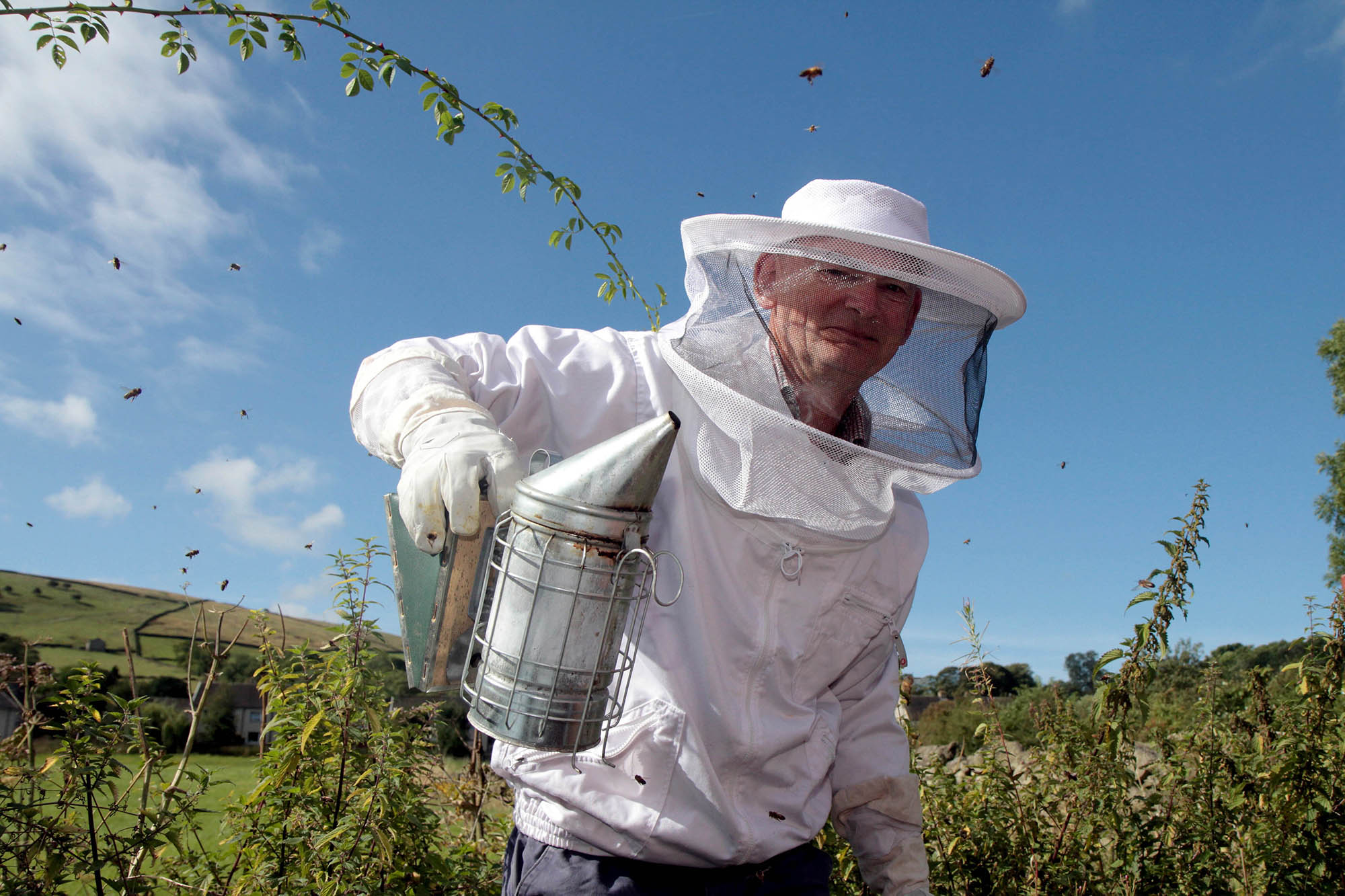 A beekeeper tends to his hives