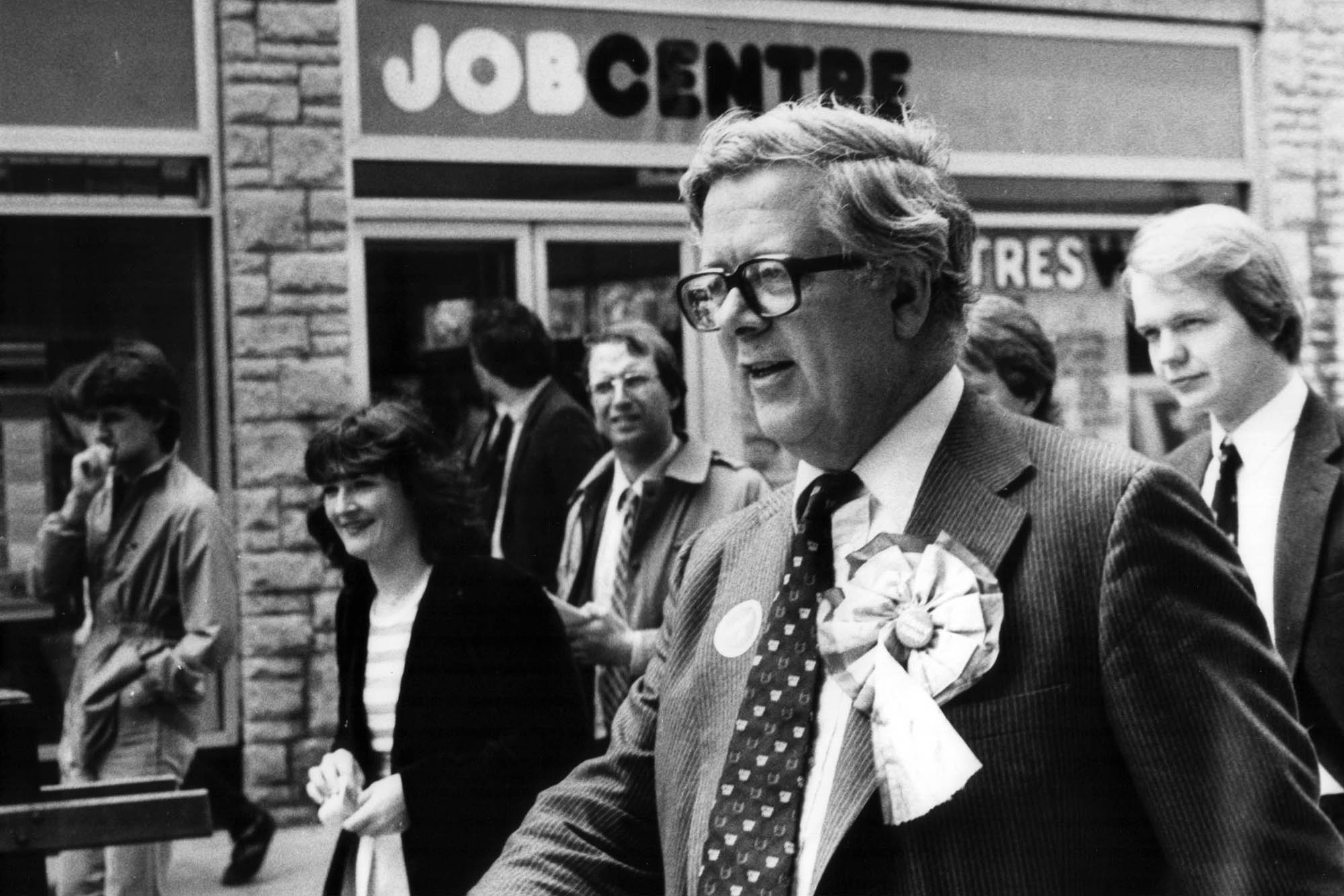 Geoffrey Howe on his visit to Keighley during the 1983 election, with William Hague in the background