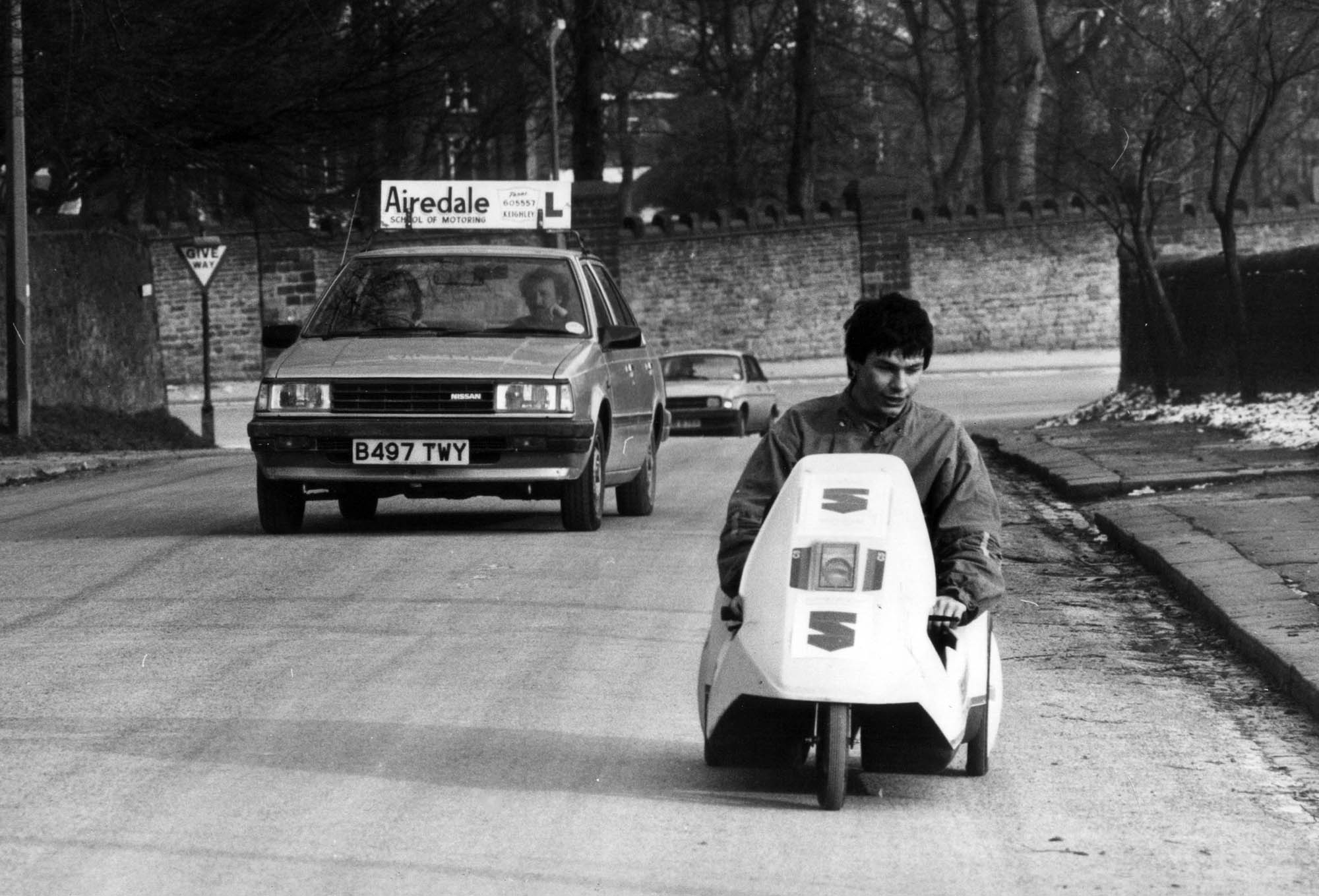 Reporter David Knights pilots a Sinclair C5 on the streets of Keighley