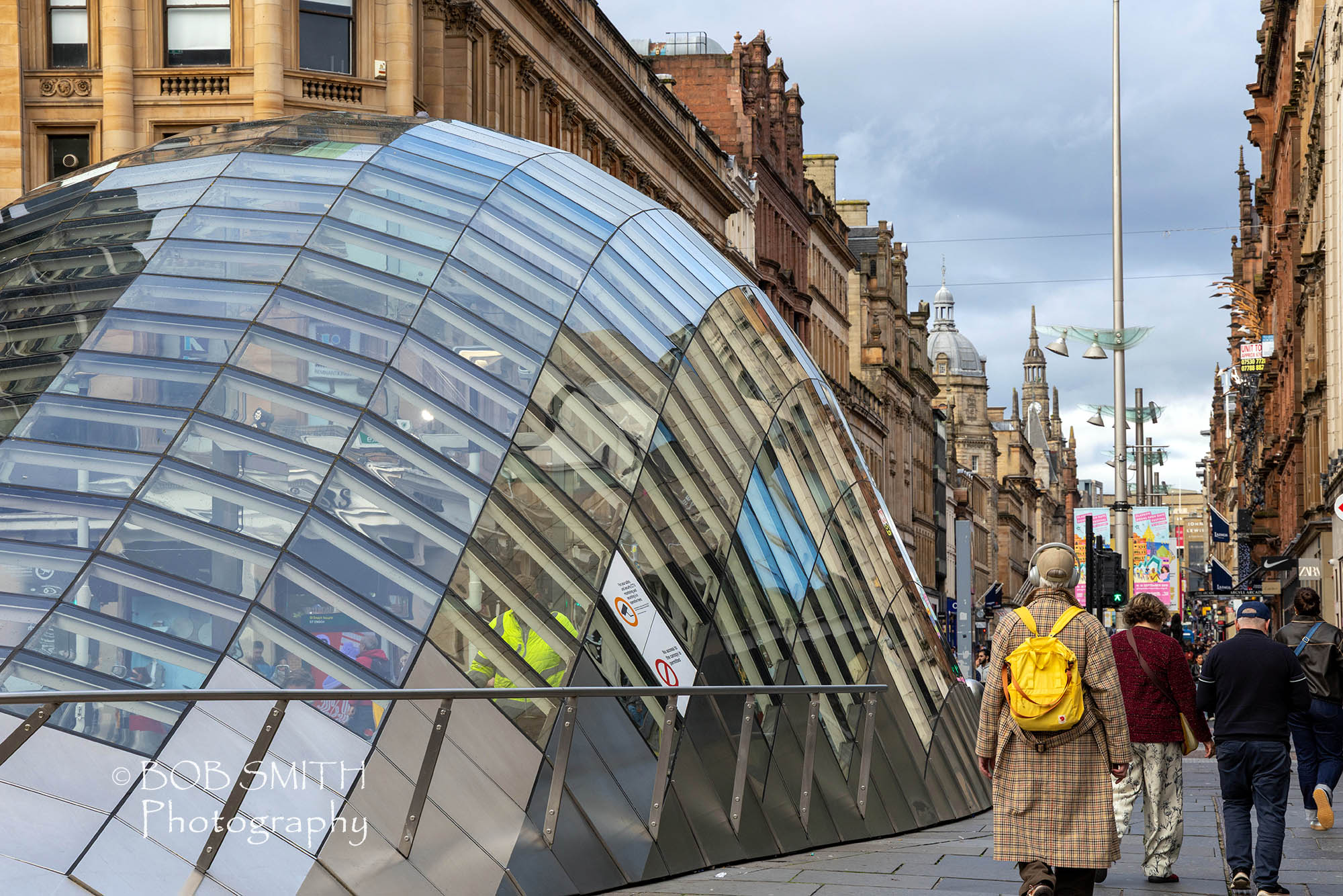 The glass conopy of the St Enoch subway station, Glasgow, with Buchanan Streeet beyond
