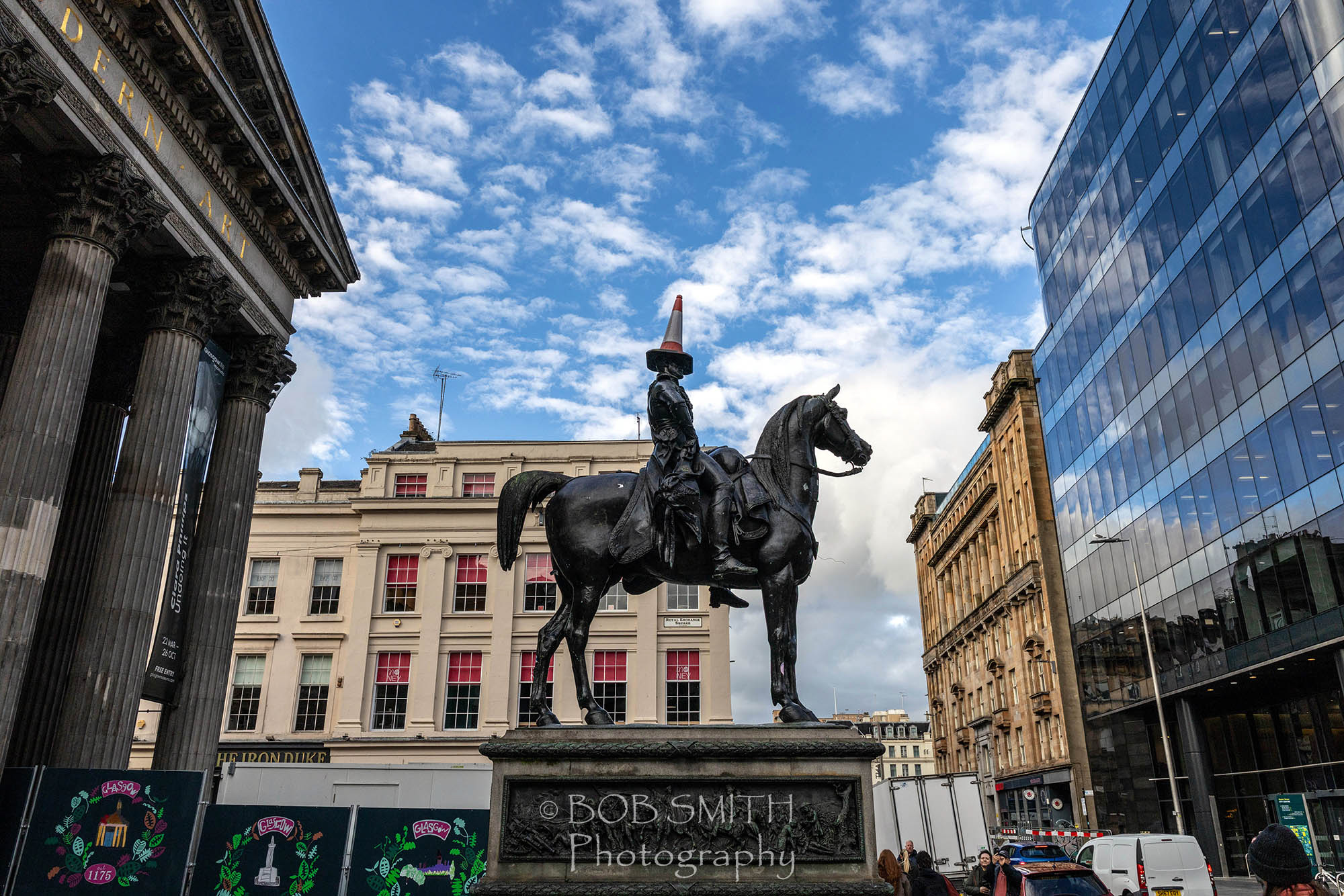 Thje equestiran statue of Field Marshal Arthur Wellesley, 1st Duke of Wellington, outside the Gallery of Modern Art, Glasgow The Iron Duke is sporting his customary traffic cone