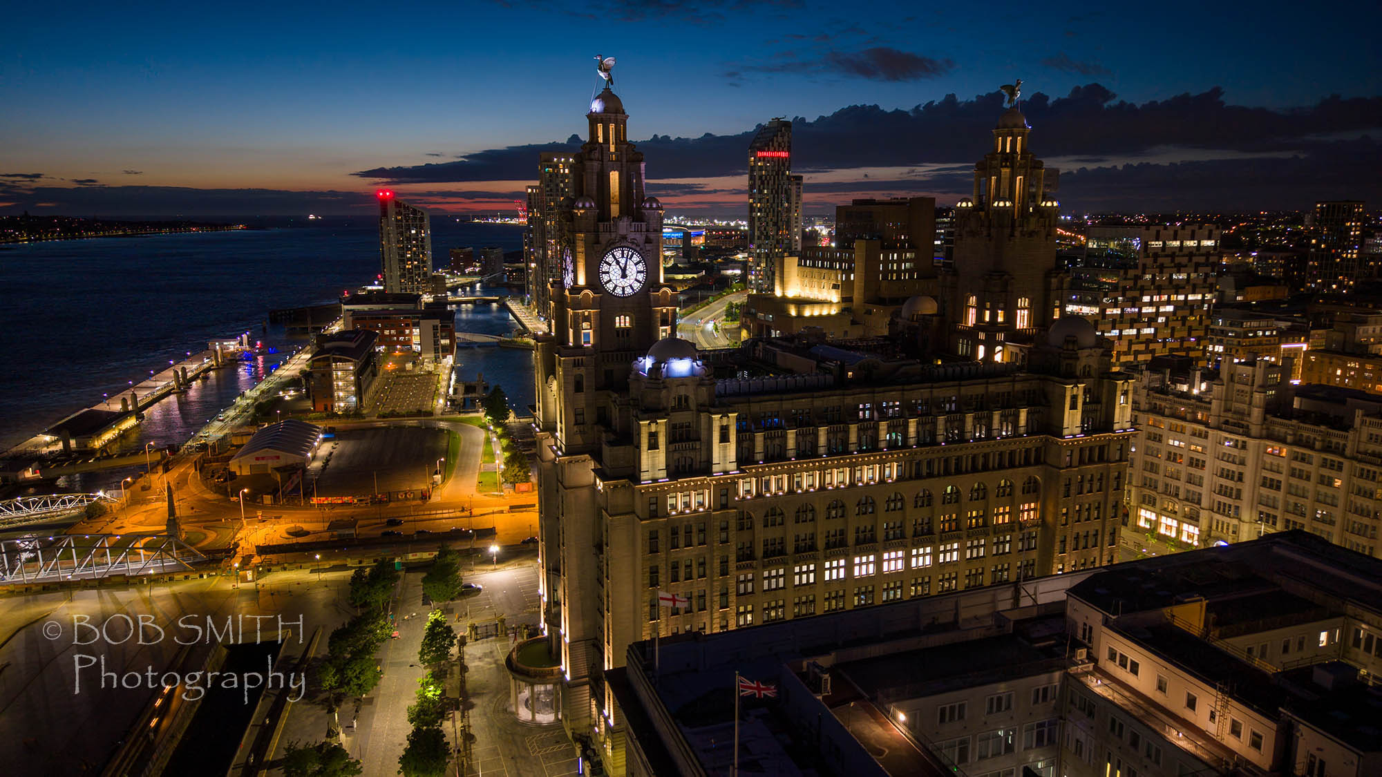 The Liver Building at the Pier Head in a drone shot