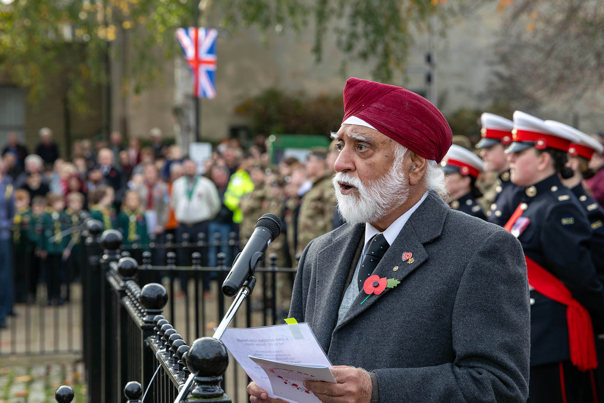 A Sikh man speaks at Keighley Remembrance Day, 2025.